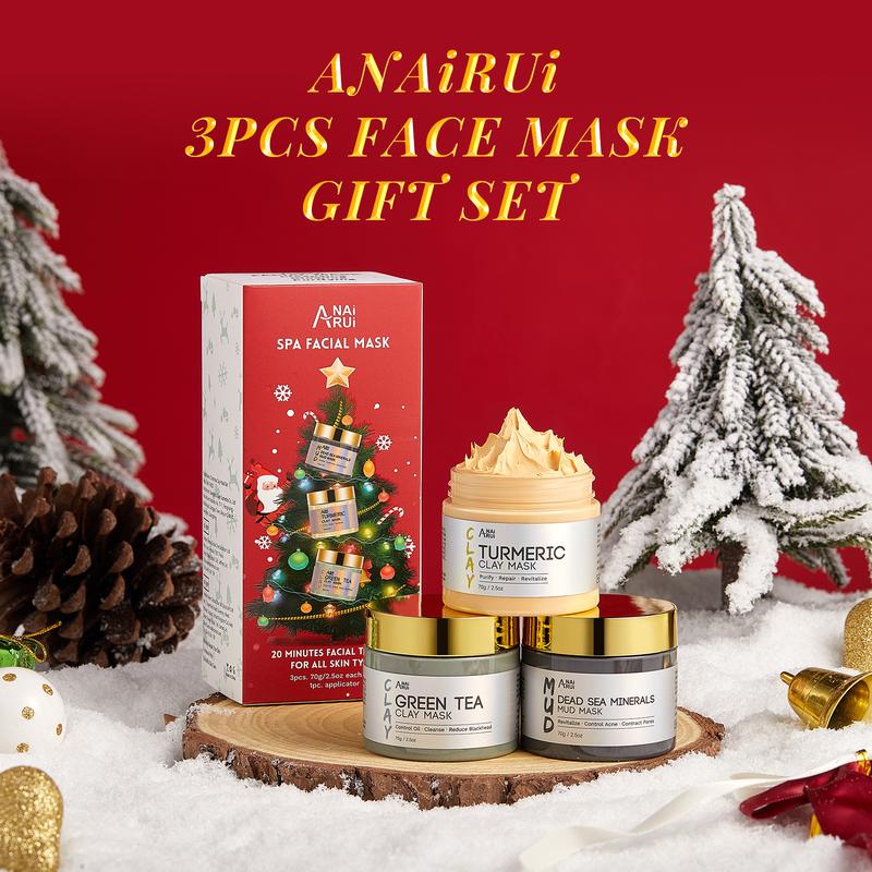 ANAiRUi Christmas 3in1 Clay Mask Set - Turmeric Mask & Green Tea Mask & Dead Sea Minerals Mask for Deep Cleansing, Oily Skin, Comfort Skincare Mask