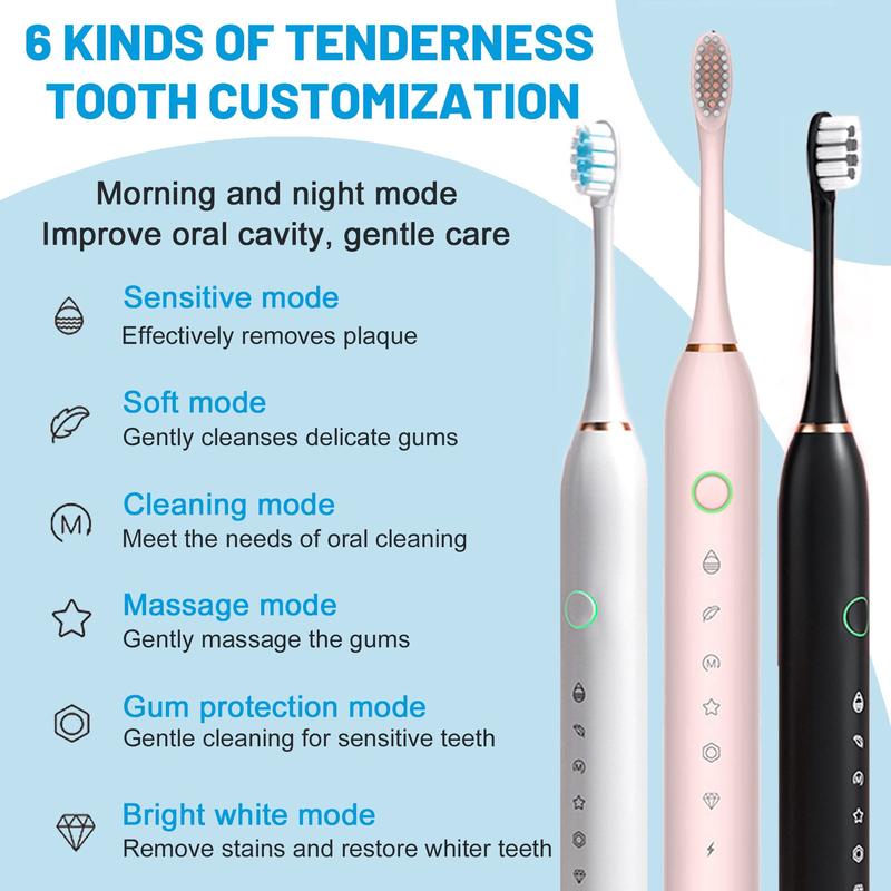 Tvdoei Electric Toothbrush with 8 Brush Heads, 42000vpm 6 Modes IPX7 Waterproof, Soft Electric Toothbrush for Adults - 3 Pack, Black+White+Pink