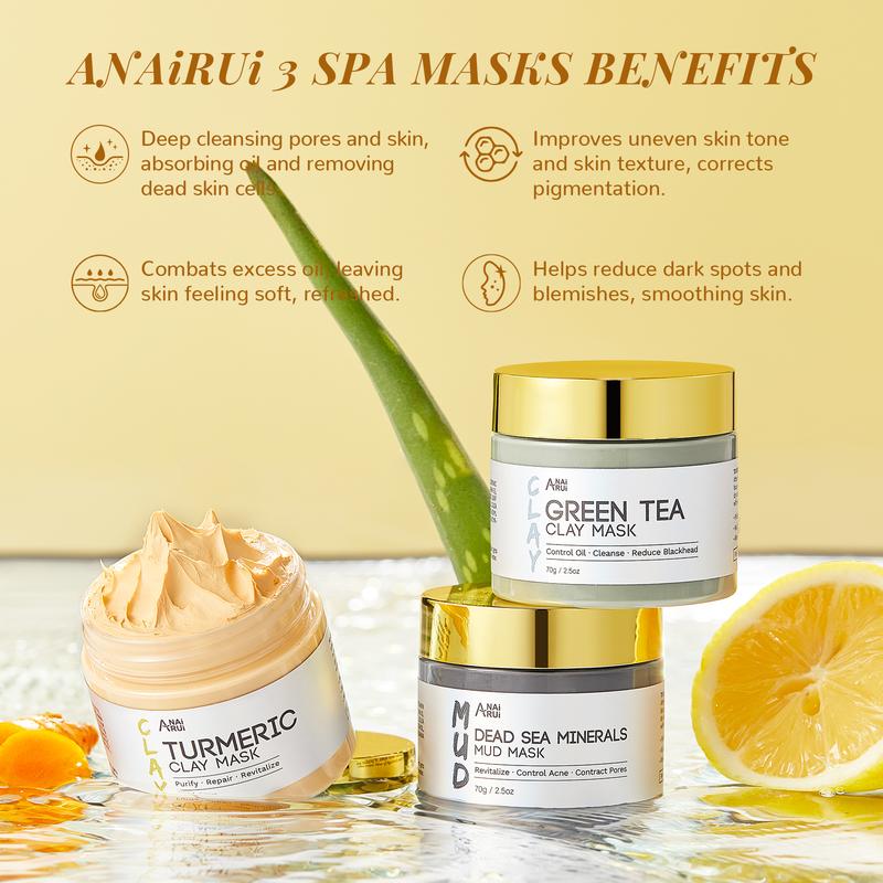 ANAiRUi Christmas 3in1 Clay Mask Set - Turmeric Mask & Green Tea Mask & Dead Sea Minerals Mask for Deep Cleansing, Oily Skin, Comfort Skincare Mask