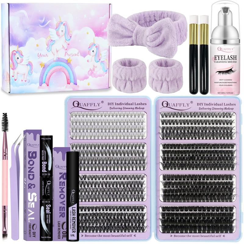 Natural Eyelash Extensions Kit, 1 Set Mixed Length Individual False Eyelashes with Glue, Remover, Eyelash Curler, Headband, Makeup Tool for Beginners, Christmas Gift