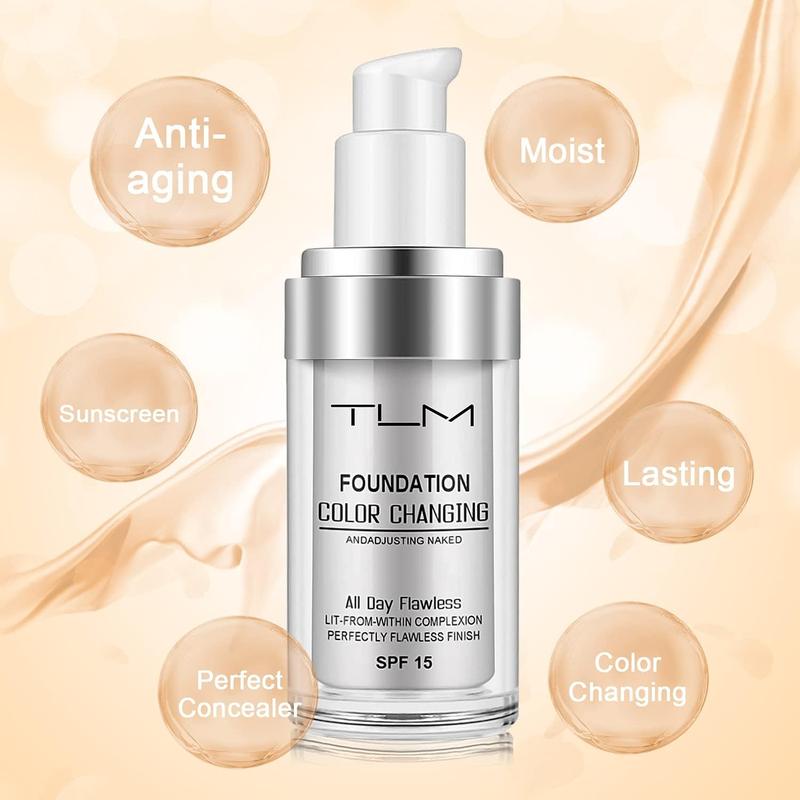 2PCS TLM Color Changing Liquid Foundation Hides Wrinkles & Lines, Full Coverage Natural Color Face Primer Base Makeup, Long Lasting Lightweight Liquid Foundation SPF 15 for Face Makeup