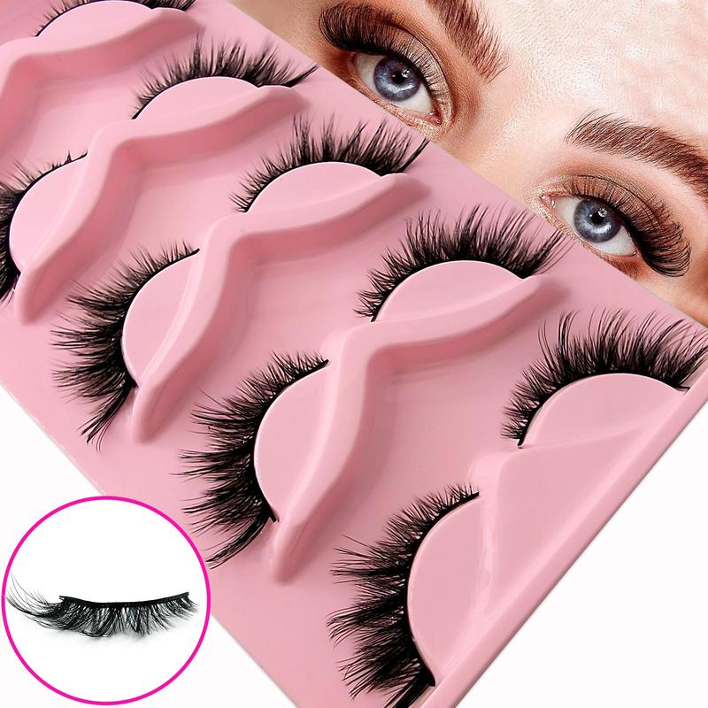 Cat Eye False Eyelashes, 5 Pairs Natural Fluffy False Eyelashes, Wispy Cat Eye Faux Cluster Lash Extensions, Lightweight Eyelash Extensions, Eye Cosmetic for Women & Girls Music Festival Makeup