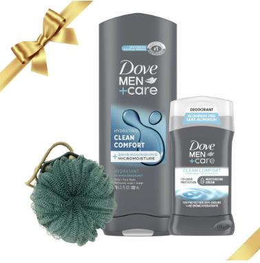 Dove Men+Care Clean Comfort Men's Holiday Gift Set Body + Fash Wash Deodorant Stick & Shower Tool, 3 Count