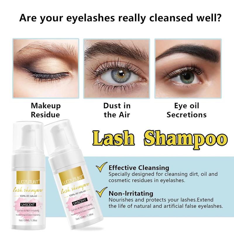 Lash Shampoo 3.38oz for Eyelash Extensions - Lash Mousse Cleanser with Lash Brushes and Wash Bottle for Clean Lashes