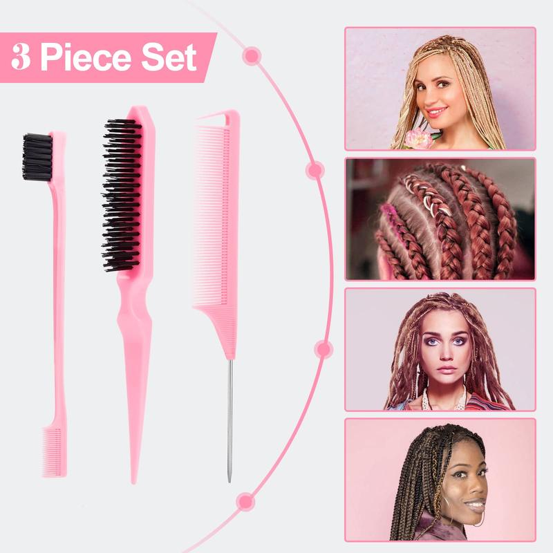 3 Pcs Slick Back Hair Brush Set with Edge Brush, Bristle, Rat Tail Comb, Teasing  Set for Smoothing Hair & Flyaways - Pink Haircare Heatless Color