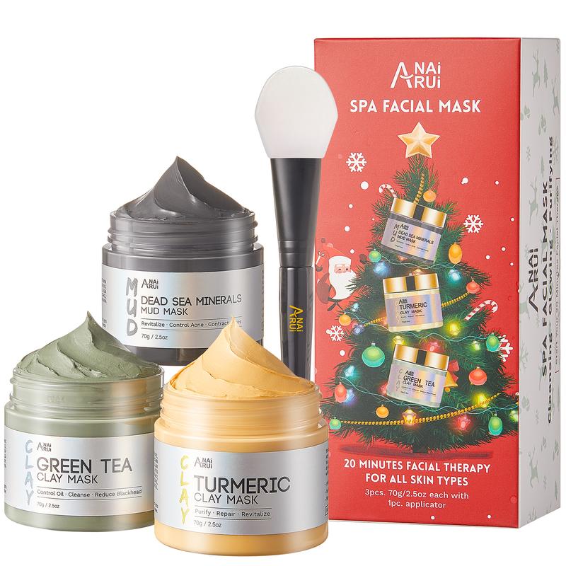 ANAiRUi Christmas 3in1 Clay Mask Set - Turmeric Mask & Green Tea Mask & Dead Sea Minerals Mask for Deep Cleansing, Oily Skin, Comfort Skincare Mask