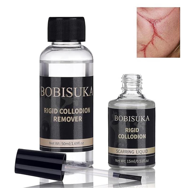 Rigid Collodion Scarring Liquid with Brush & Remover Makeup Set Professional For Special Effects Makeup Kit, Face Body Realistic SFX Scar Makeup for Halloween Costume Cosplay Film Stage, Halloween Makeup Kit, Halloween Body Makeup