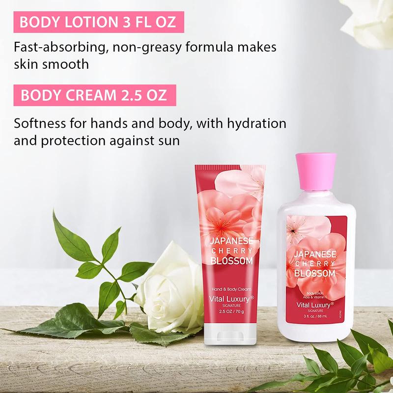 Japanese Cherry Bath & Body Kit - Travel Size Set with Body Lotion, Shower Gel, Body Cream, and Fragrance Mist - Body Care, Comfort