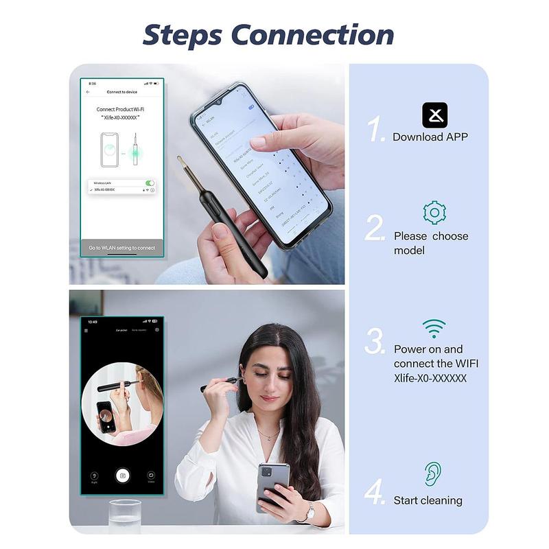 Smart Visual Ear Cleaner, 1 Box Wireless Intelligent Visual Ear Picker with Replacement Heads, HD Otoscope with 6 LED Lights, Ear Cleaner for iOS & Android