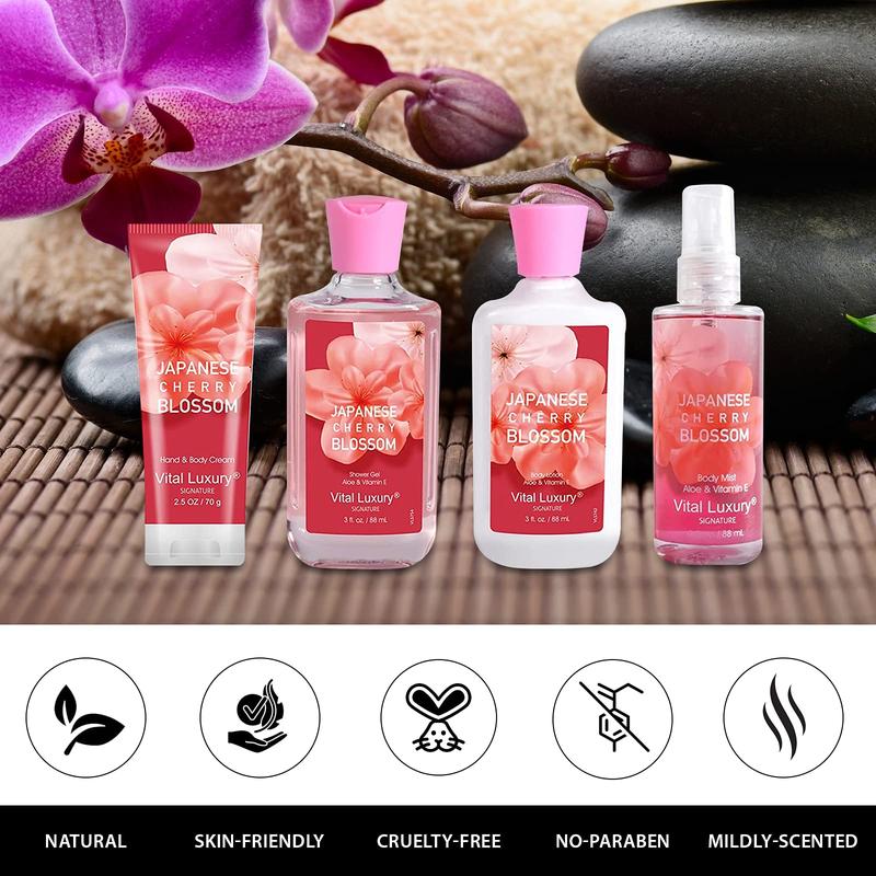 Japanese Cherry Bath & Body Kit - Travel Size Set with Body Lotion, Shower Gel, Body Cream, and Fragrance Mist - Body Care, Comfort