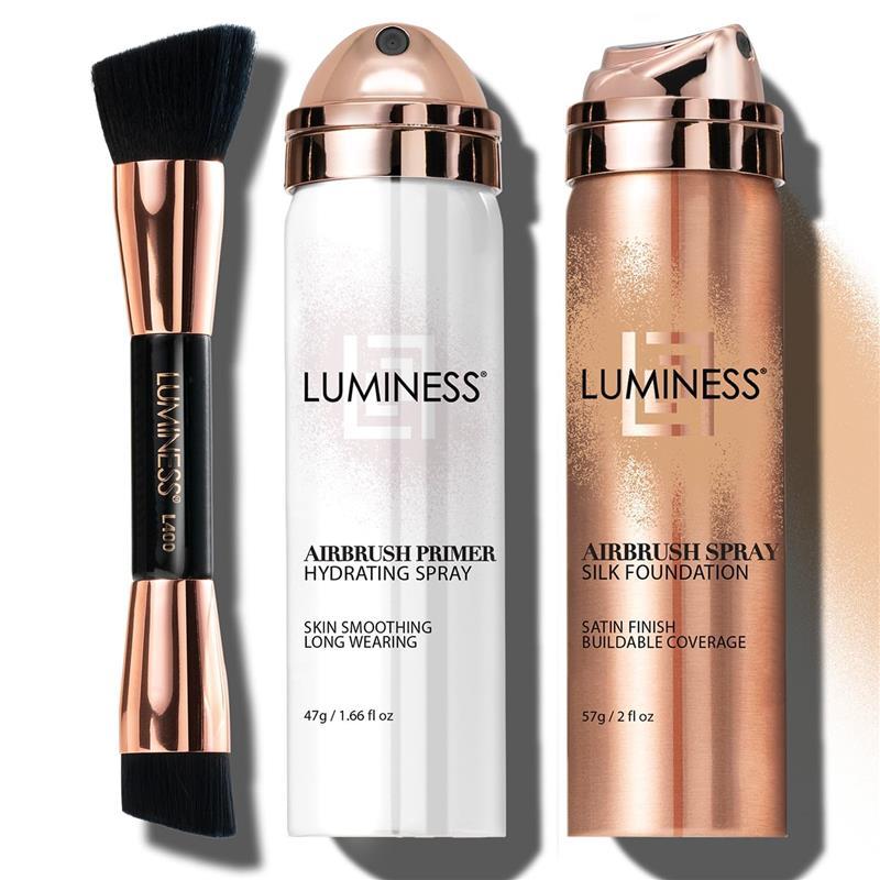 LUMINESS Silk Airbrush Spray Foundation Makeup Starter Kit- Full Coverage Foundation, Primer & Dual-Sided Buffing Brush-Buildable Coverage, Anti-Aging Formula Hydrate & Moisturize (Shade-Light Medium)