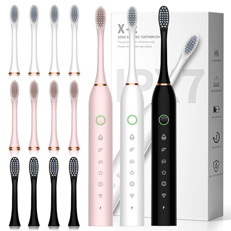 Tvdoei Electric Toothbrush with 8 Brush Heads, 42000vpm 6 Modes IPX7 Waterproof, Soft Electric Toothbrush for Adults - 3 Pack, Black+White+Pink