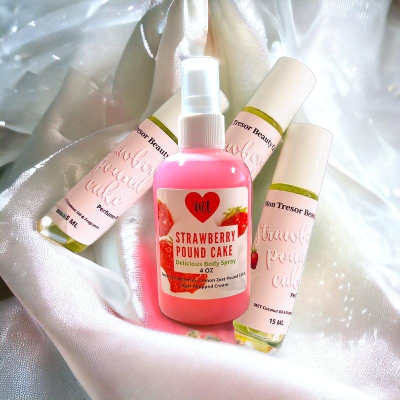 Strawberry Pound Cake (SET)Body Spray Body Oil  and Perfume oil set Fruity Women Unisex Fragrance Body Mist Gift Scent Cream Lemon Body Care Lotions Scented Skin Care Vegan