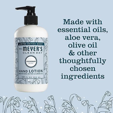 Mrs. Meyer's Clean Day Hand Lotion, Snowdrop Scent, 12 oz Bottle - Moisturizing Hand Cream for Soft Skin