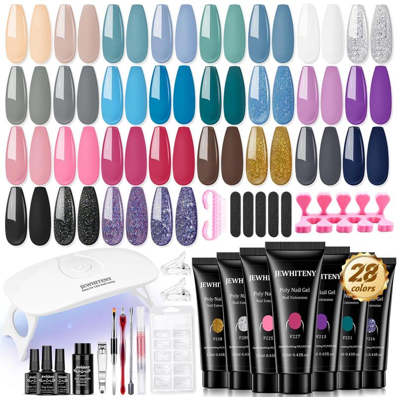 JEWHITENY 28 Colors Poly Gel Nail Kit Nude Gray Black grey Blue yellow purple Glitter All In One Starter Kit Poly Extension Gel Nail Kit With Nail Lamp Base Top Coat Builder Gel Nail Kit uñas  poligel