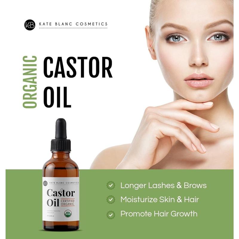 Castor Oil (2oz), USDA Certified Organic, Cold Pressed, Hexane Free. Stimulate Growth for Eyelashes, Eyebrows, Hair. Skin Moisturizer & Hair Treatment Starter Kit