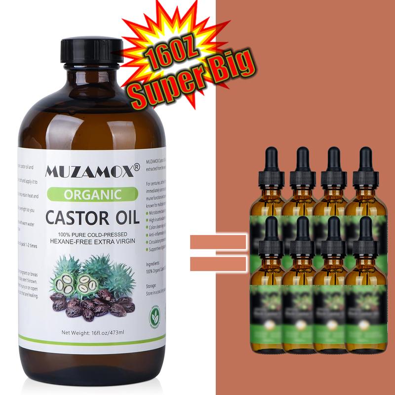 MUZAMOX Organic Castor Oil Cold Pressed Glass Bottle Pure Cold Pressed & Hexane Free, Castor Oil Hair Care, Thicker Eyelashes & Eyebrows and Castor Oil Pack, 16 Fl Oz Haircare Comfort Moisturized skin oil