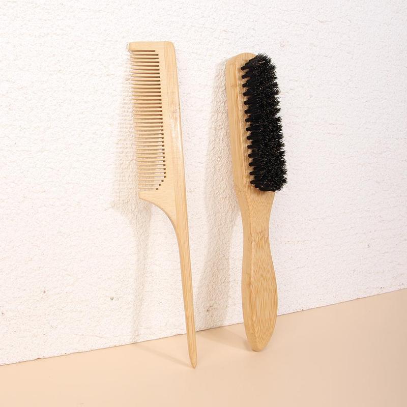 Bamboo Handle Hair Brush & Comb Set, 2 Counts set Wet & Dry Hair Styling Tool, Hairdressing Comb for Men & Women