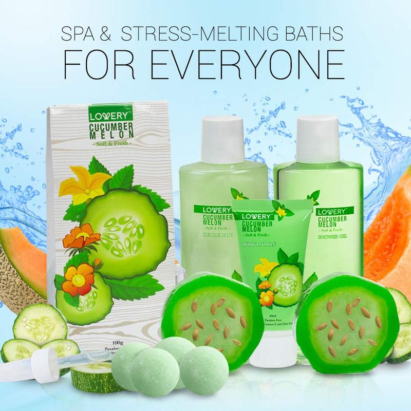 Lovery Cucumber Melon Home Bath Set - 10Pc Organic Self Care Kit for Body, Mind and Senses - Body Care, Fragrance Gift Luxury