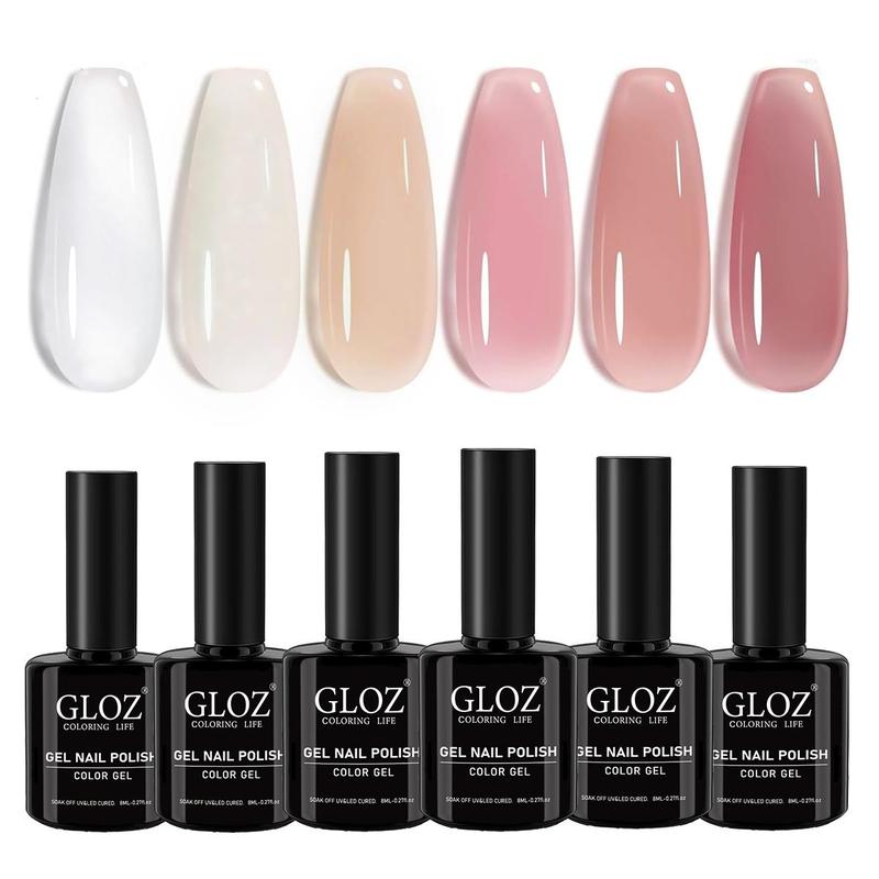 6 Colors Jelly Gel Nail Polish Set, 6 Counts set Neutral Sheer Milky Gel Polish Kit, Translucent Soak off UV Nail Gel DIY Manicure